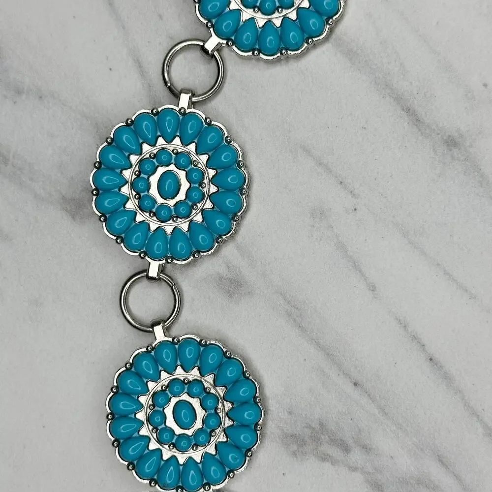 Chunky Blue Studded Concho Silver Chain Belt XS/Small (XS/S) Western Statement ✨